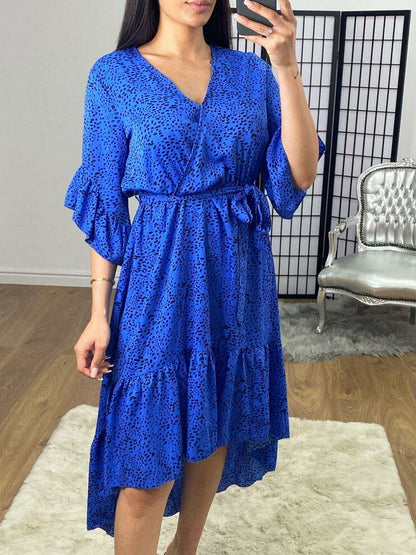 Inesa Royal Blue Wrap Frill Tie Waist Detailed Printed Dress