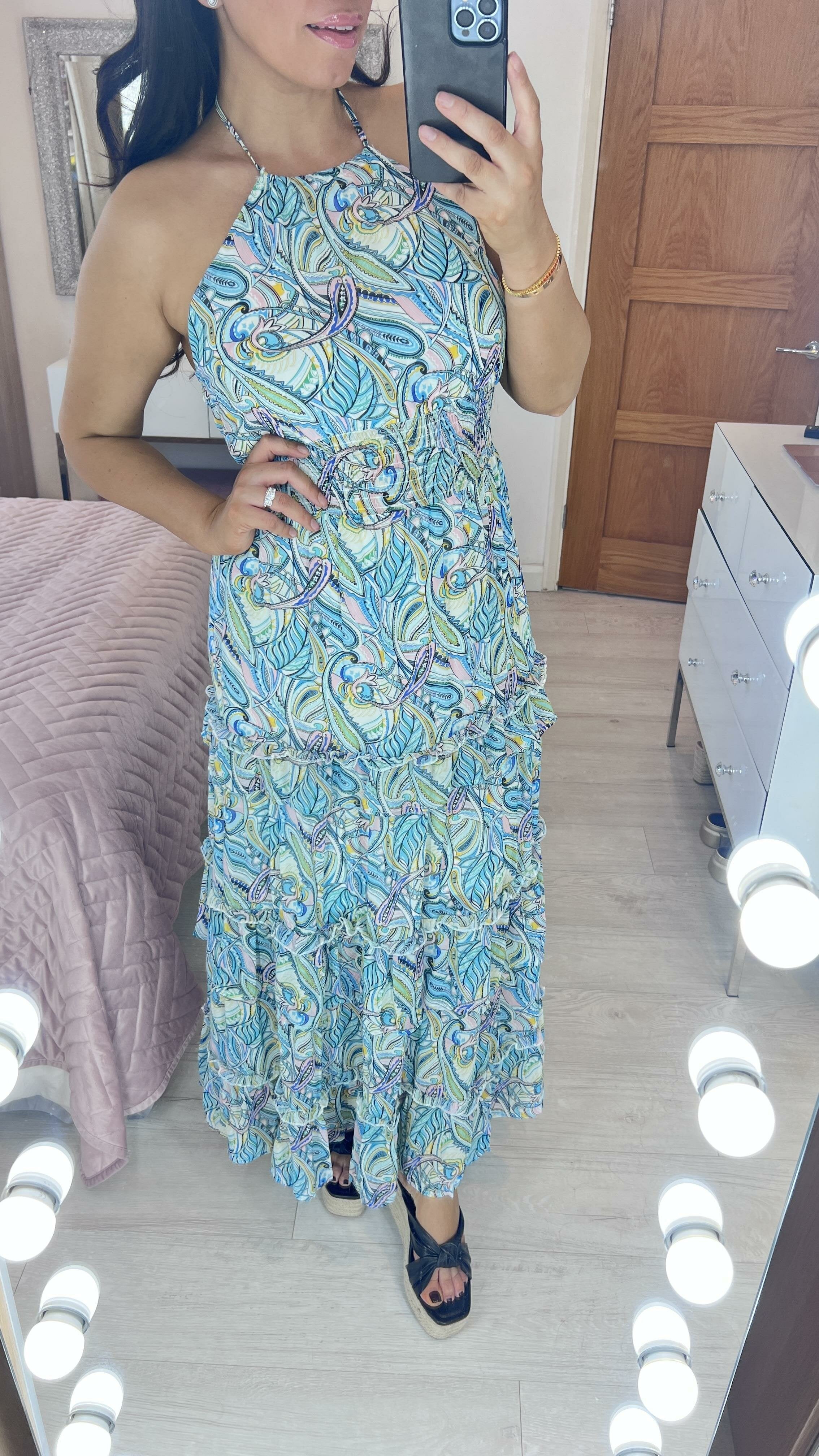 Hilarina Multi Blue Paisley Print Tiered Hem Maxi Dress