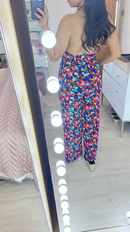 Fame Multi Floral Print Halter Neck Jumpsuit