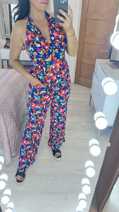 Fame Multi Floral Print Halter Neck Jumpsuit