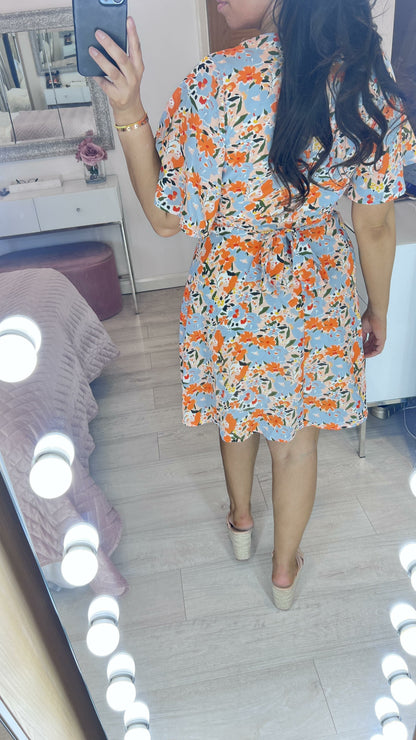 Danby Orange Blurred Floral Print Floaty Dress