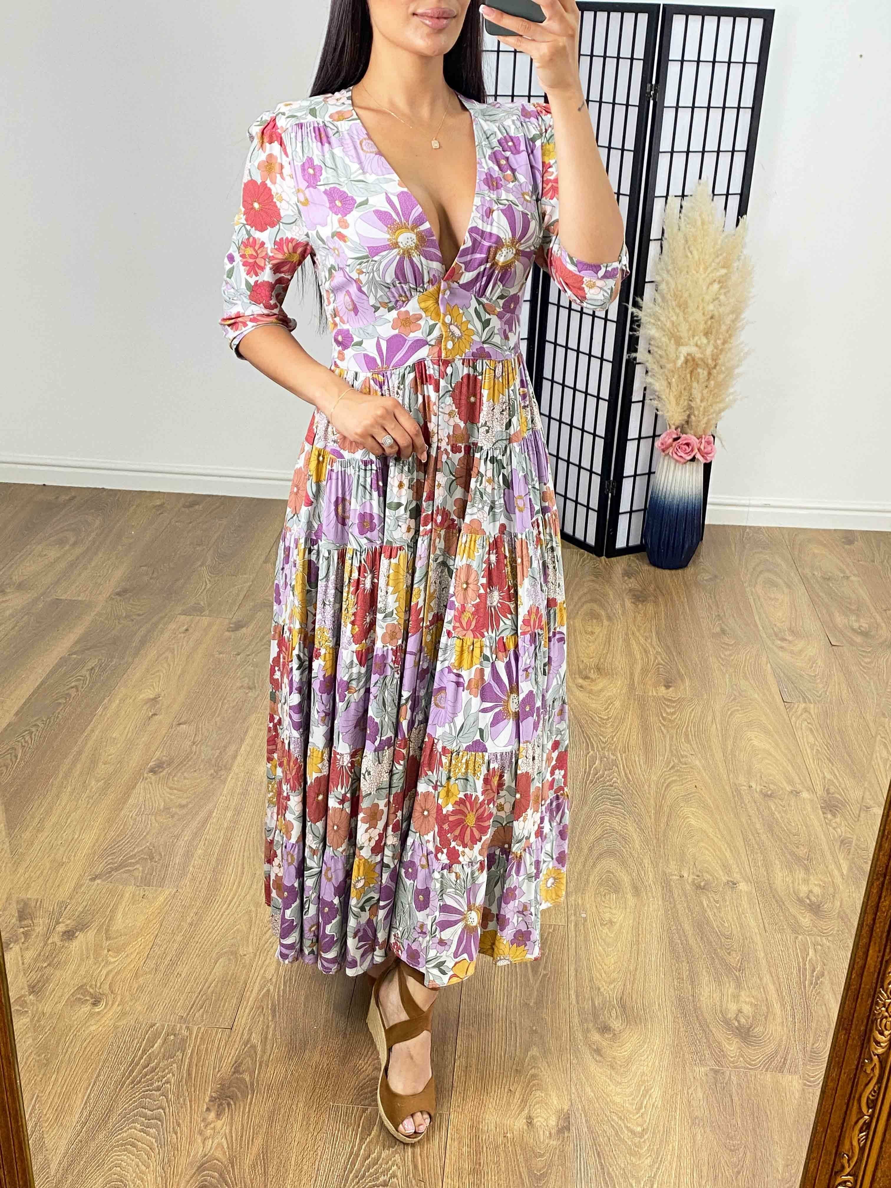 Andriana Multi Purple Floral Print Tiered Hem Maxi Dress