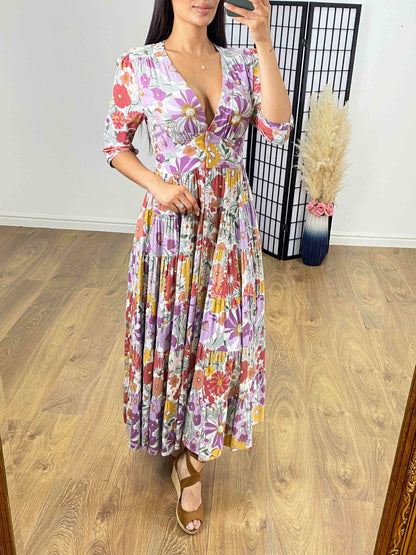 Andriana Multi Purple Floral Print Tiered Hem Maxi Dress