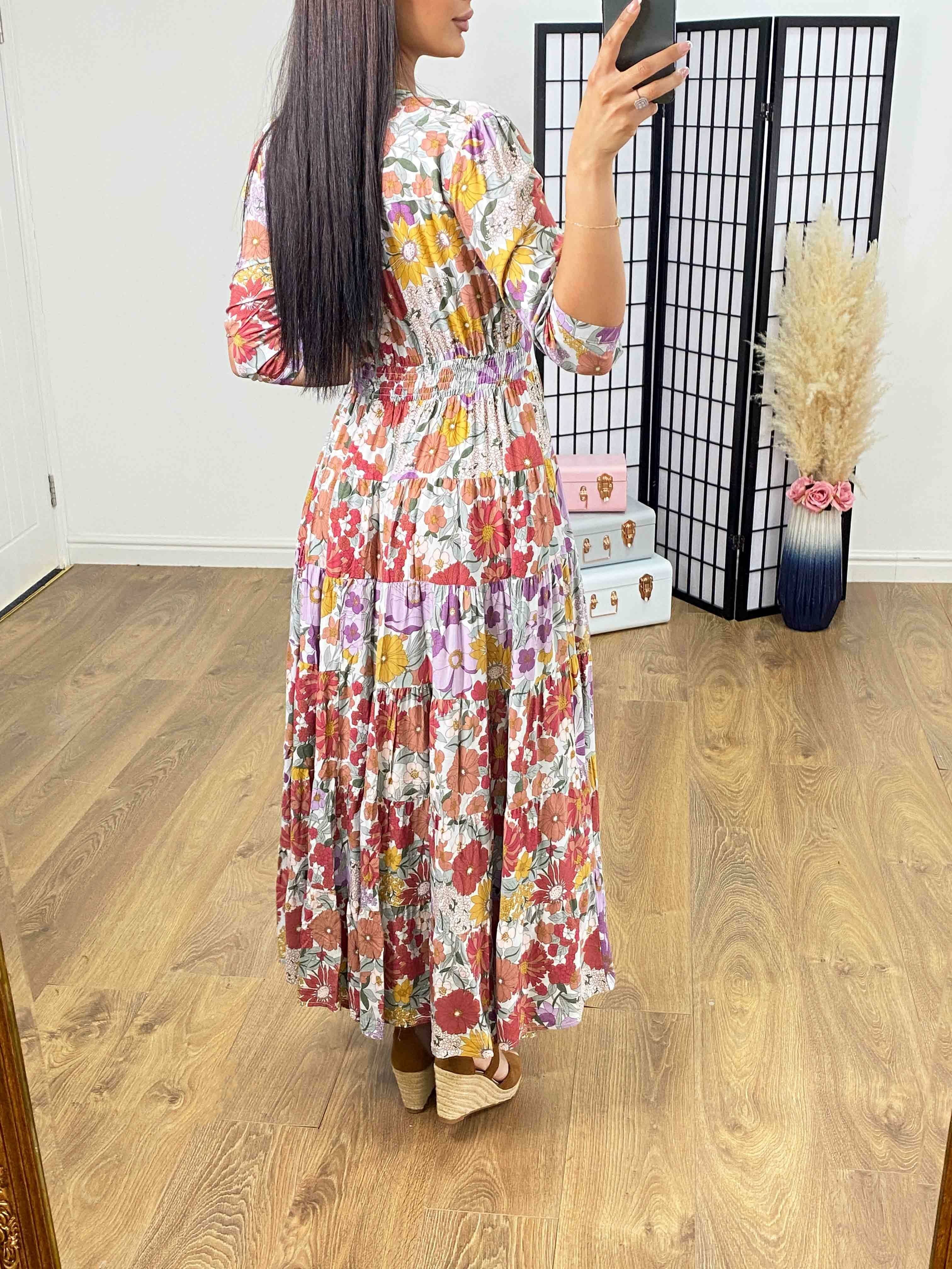 Andriana Multi Purple Floral Print Tiered Hem Maxi Dress