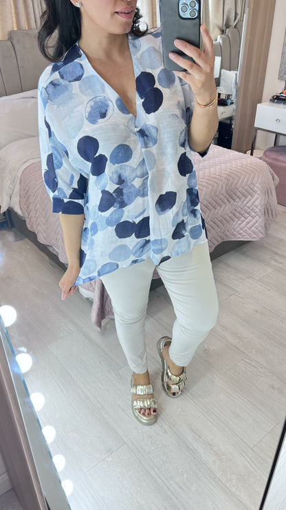Trill Multi Blue Spot Print Batwing Top