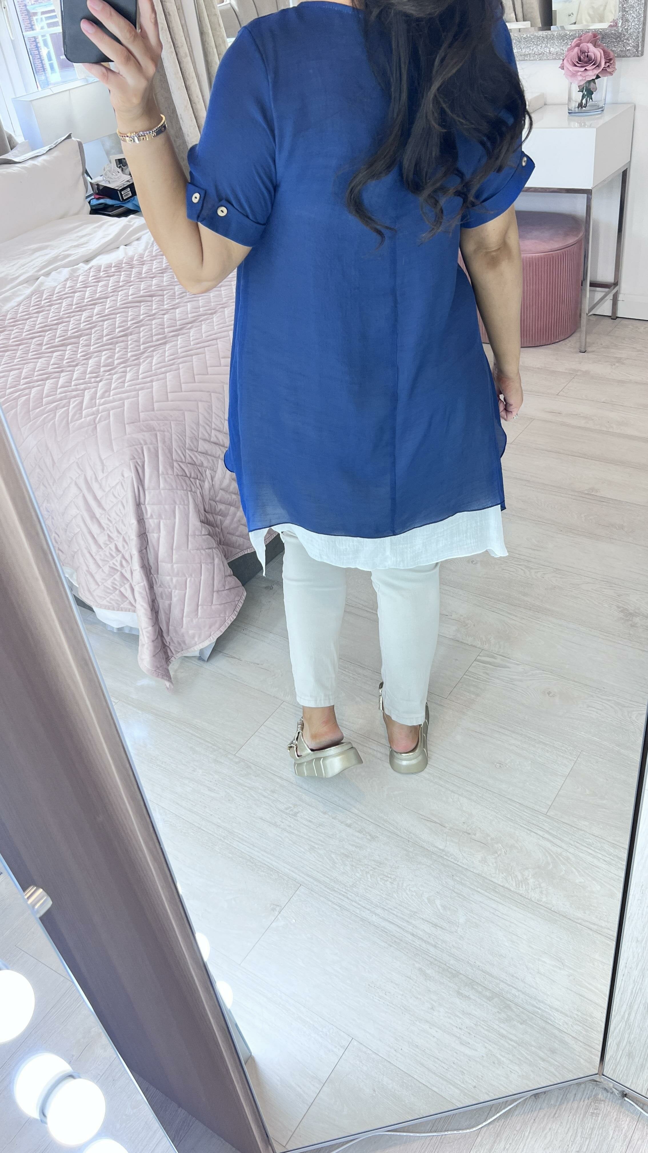 Stiliana Navy Double Layer Butterfly Motif Top