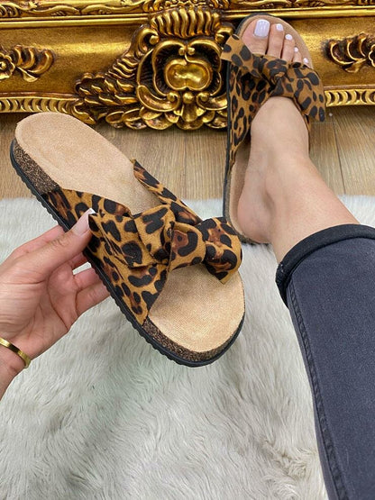 Molly Leopard Print Faux Suede Bow Sliders