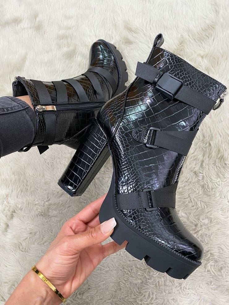 Becky Croc Print Patent Strappy Block Heel Boots
