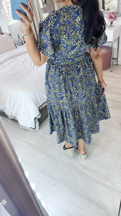 Barbs Navy Ditsy Floral Print Tiered Hem Dress