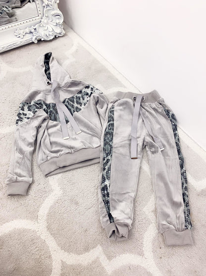 Leila Kids Sequin Leopard Printed Velvet Hooded Loungewear Set