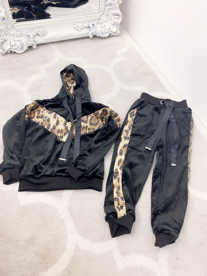 Leila Kids Sequin Leopard Printed Velvet Hooded Loungewear Set