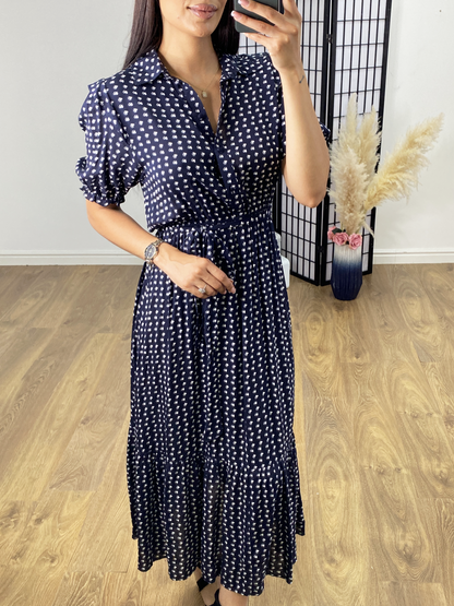 Caprio Navy Heart Print Maxi Tea Dress