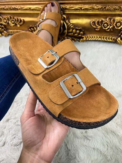Ermina Plain Faux Suede Double Strap Buckle Detailed Sliders