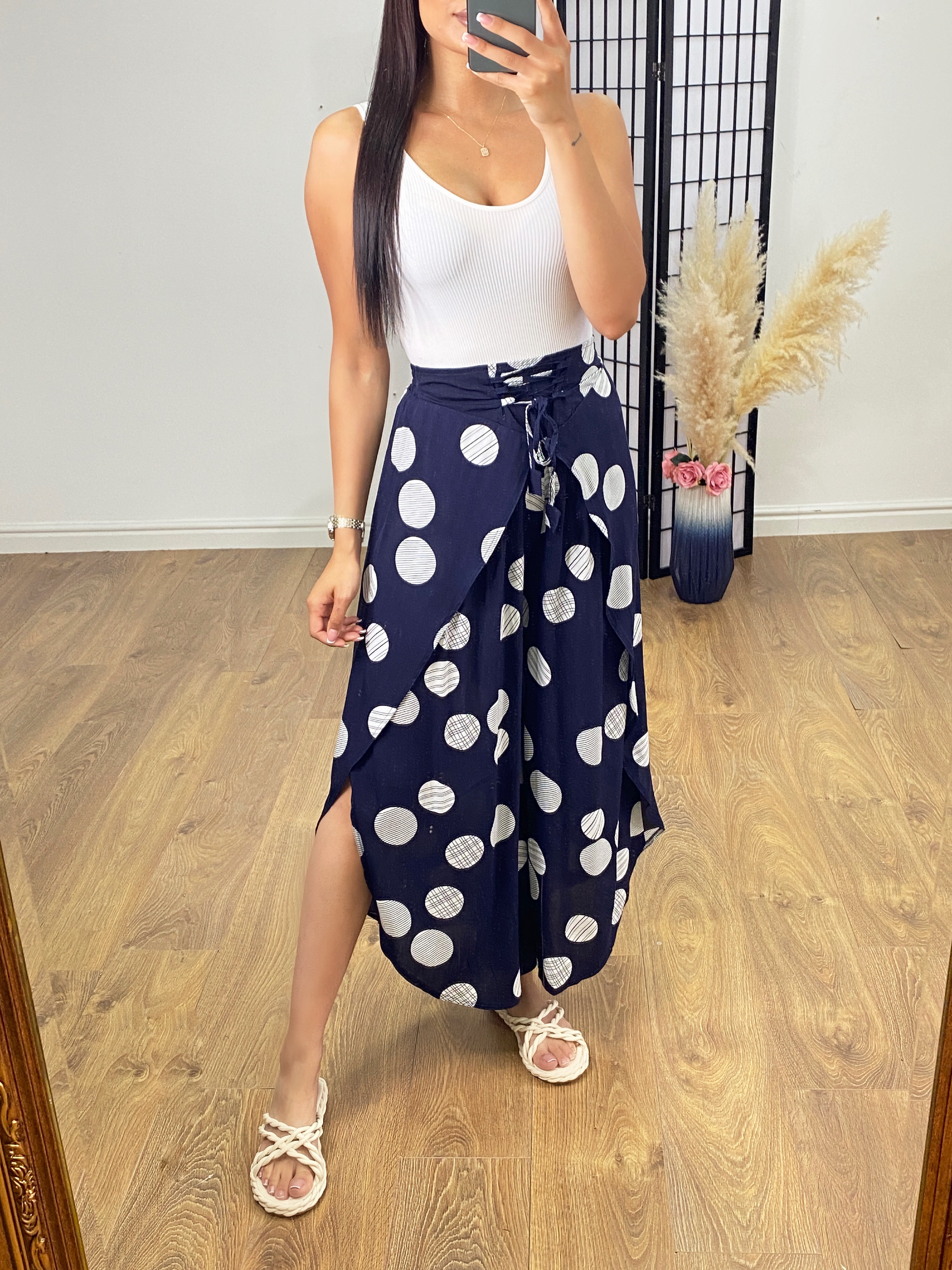 Kemp Navy Polka Dot Split Side Harem Trouser