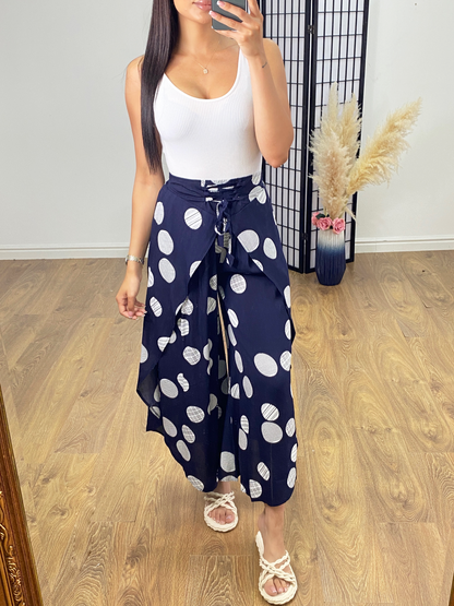 Kemp Navy Polka Dot Split Side Harem Trouser