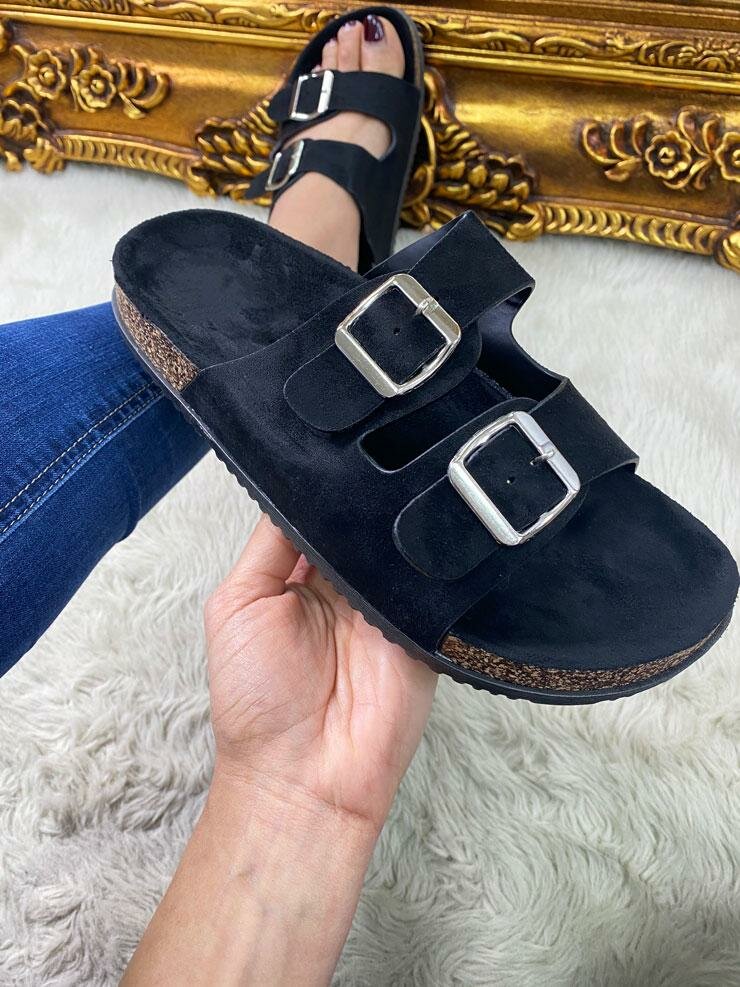 Ermina Plain Faux Suede Double Strap Buckle Detailed Sliders