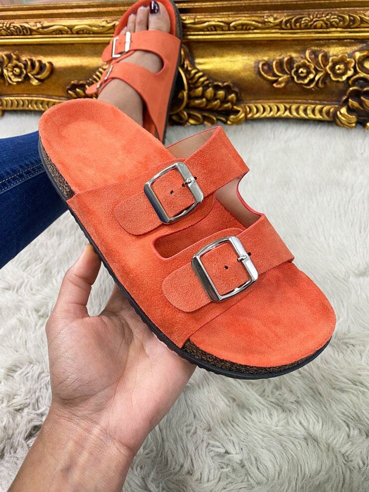 Ermina Plain Faux Suede Double Strap Buckle Detailed Sliders