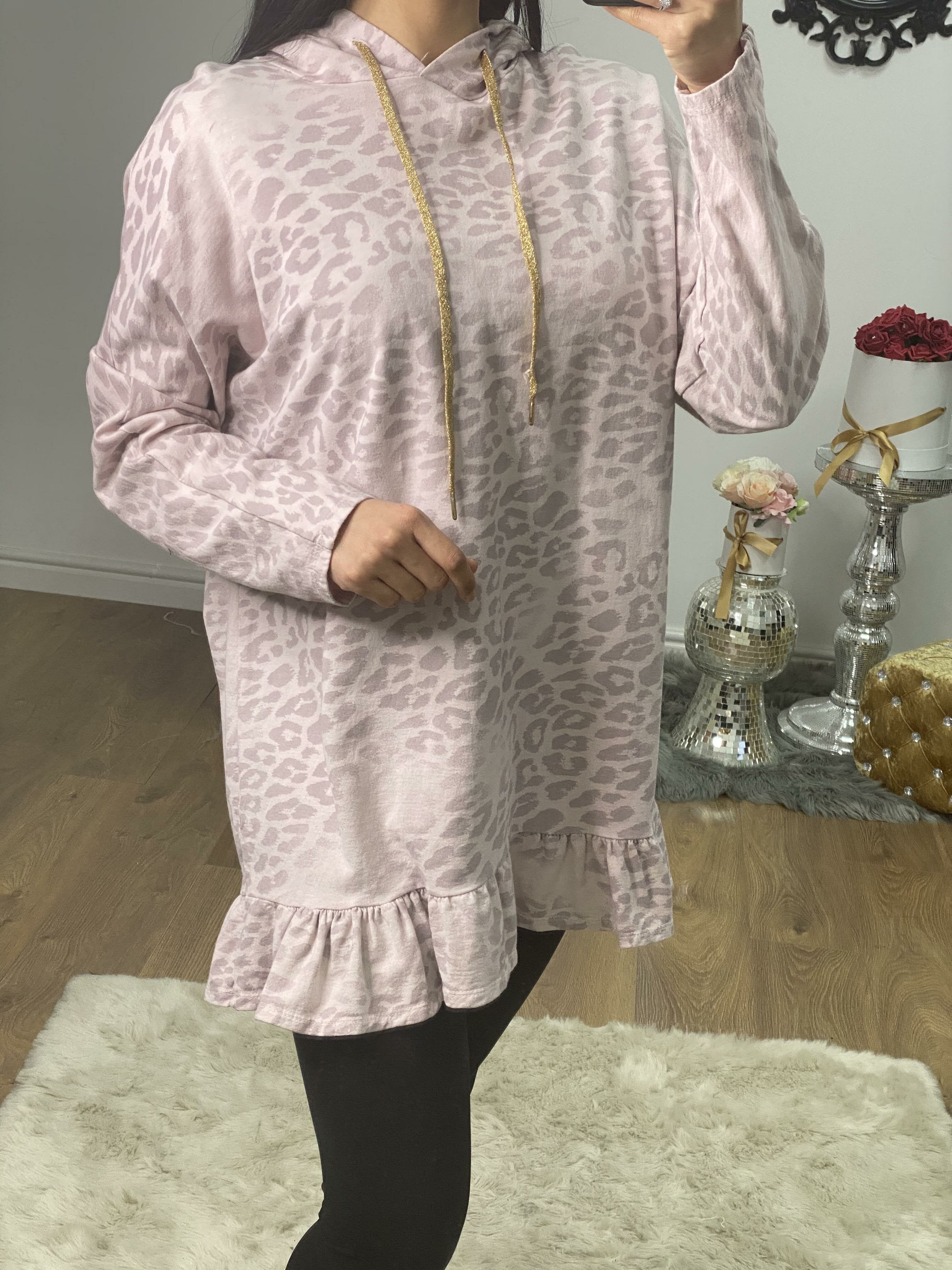 Rosabella Leopard print Frill Hem Hooded Sweatshirt