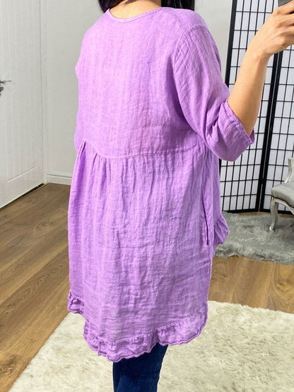 Shola Linen Dipped Hem Frill Detail Top