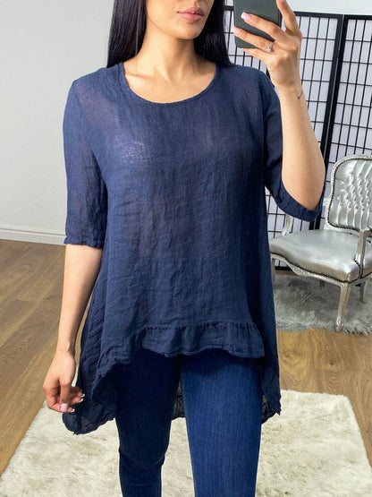 Shola Linen Dipped Hem Frill Detail Top