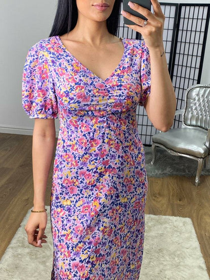 Emerson Lilac Rouched Puff Sleeve Floral Swing Dress