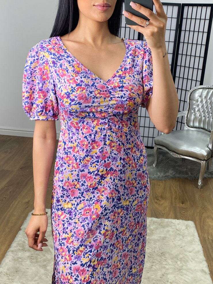 Emerson Lilac Rouched Puff Sleeve Floral Swing Dress