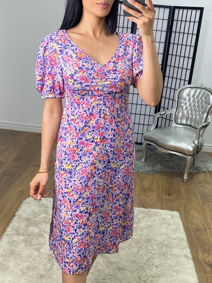 Emerson Lilac Rouched Puff Sleeve Floral Swing Dress