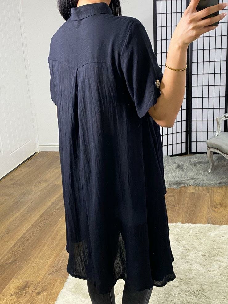 Naysia Black Linen Style Dipped Hem Button Shirt