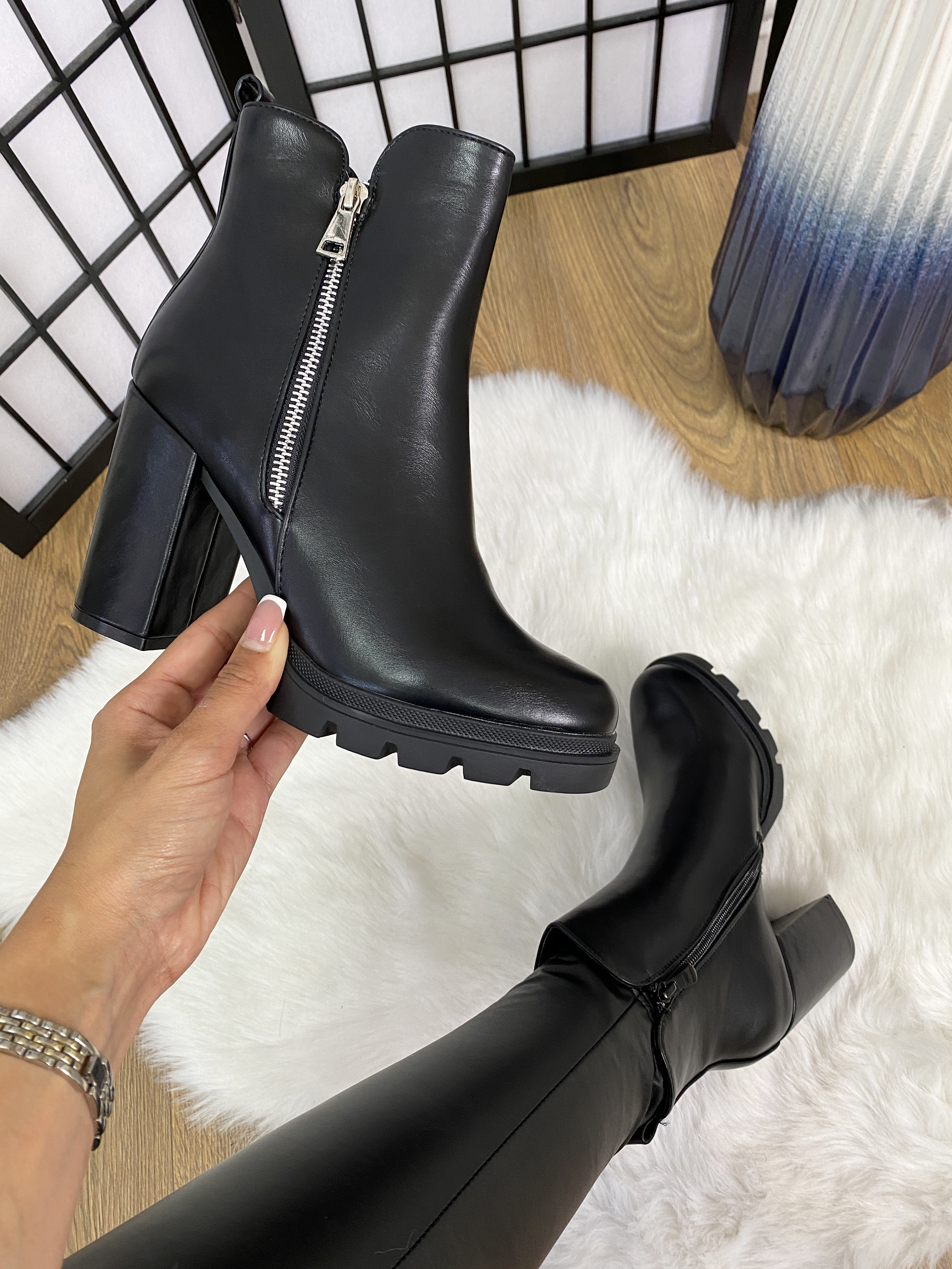 Britney Faux Leather Block Heel Ankle Boots