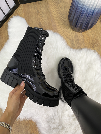 Piamia Black Patent Sock Biker Boots