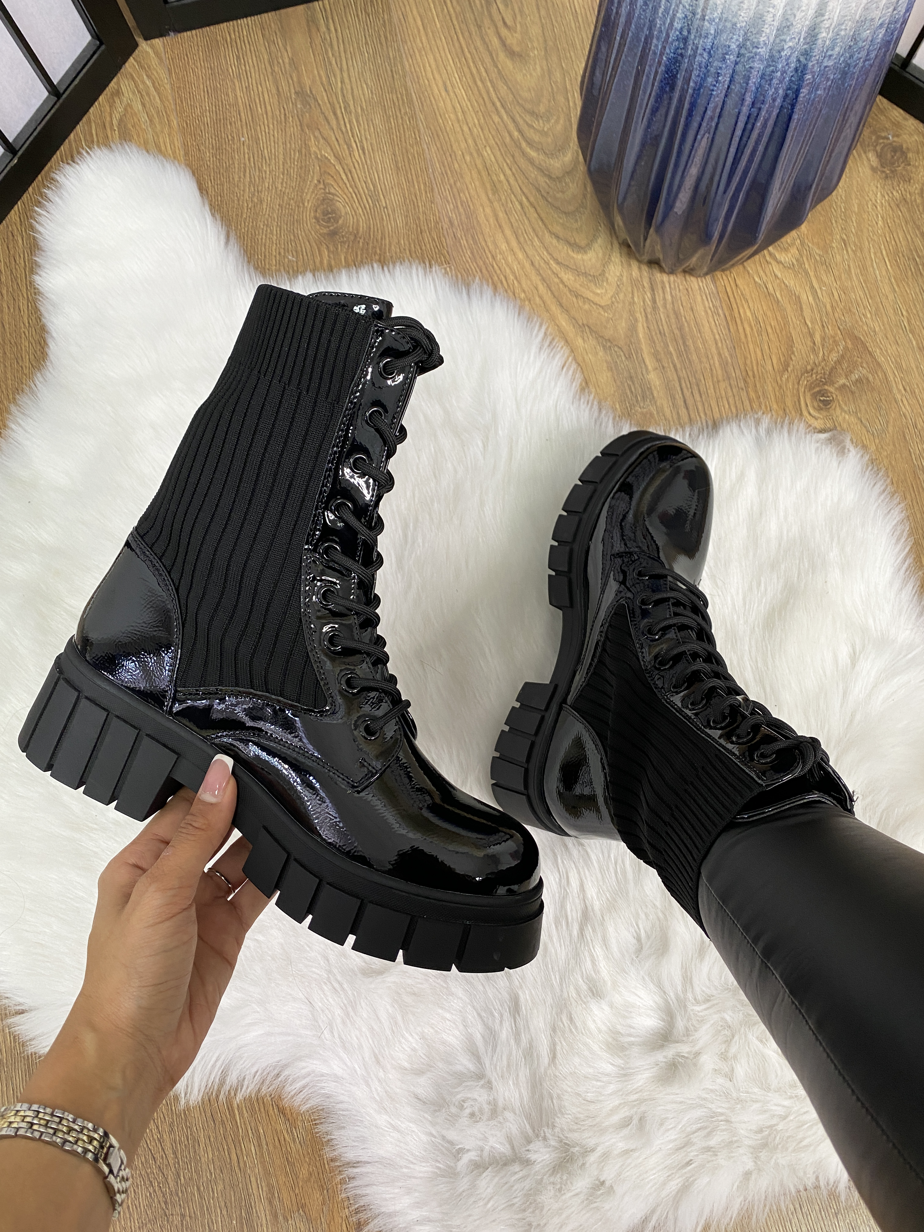 Piamia Black Patent Sock Biker Boots