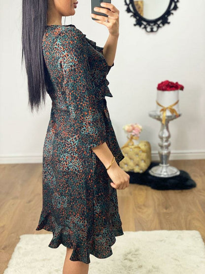 Yvonne Polka Print Emerald Wrap Frill Detailed Swing Dress