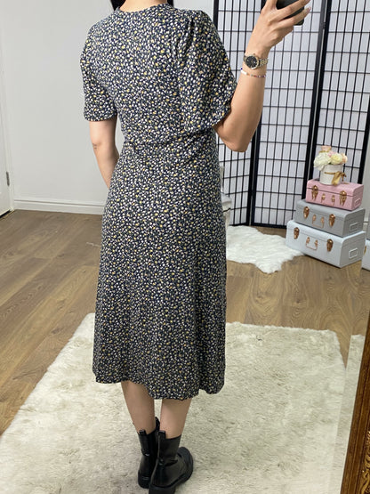 Kariney Navy Paisley Print Split Detailed Midi Dress