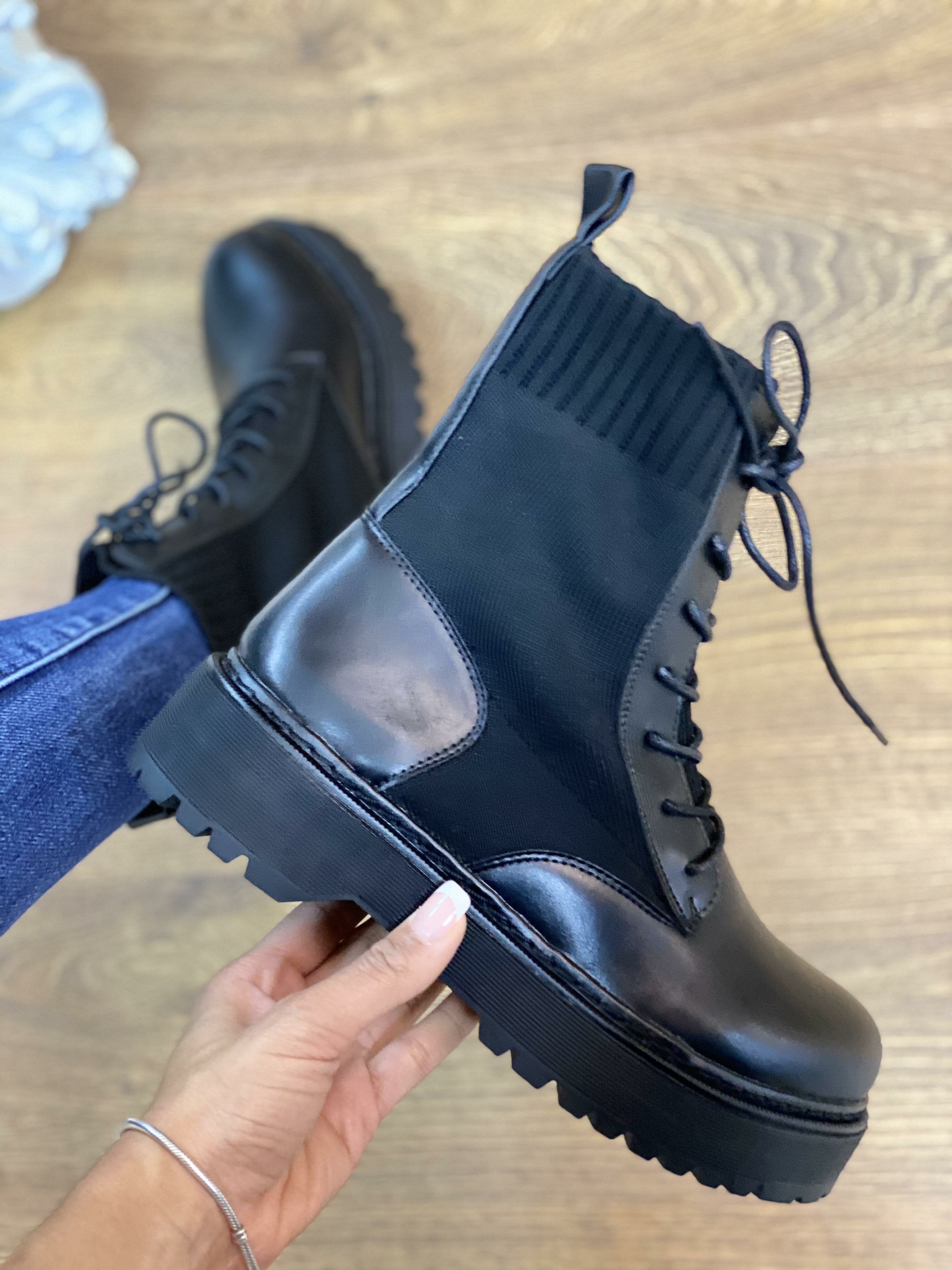 Kyler Black Faux Leather Sock Detail Biker Boots