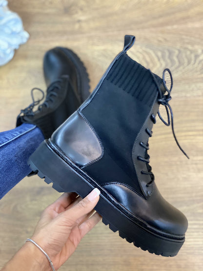 Kyler Black Faux Leather Sock Detail Biker Boots