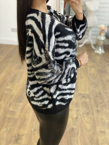 Anya Zebra Print Fluffy Loose Fit Knitted Jumper