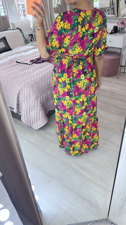 Devina Yellow Floral Print Wrap Front Maxi Dress