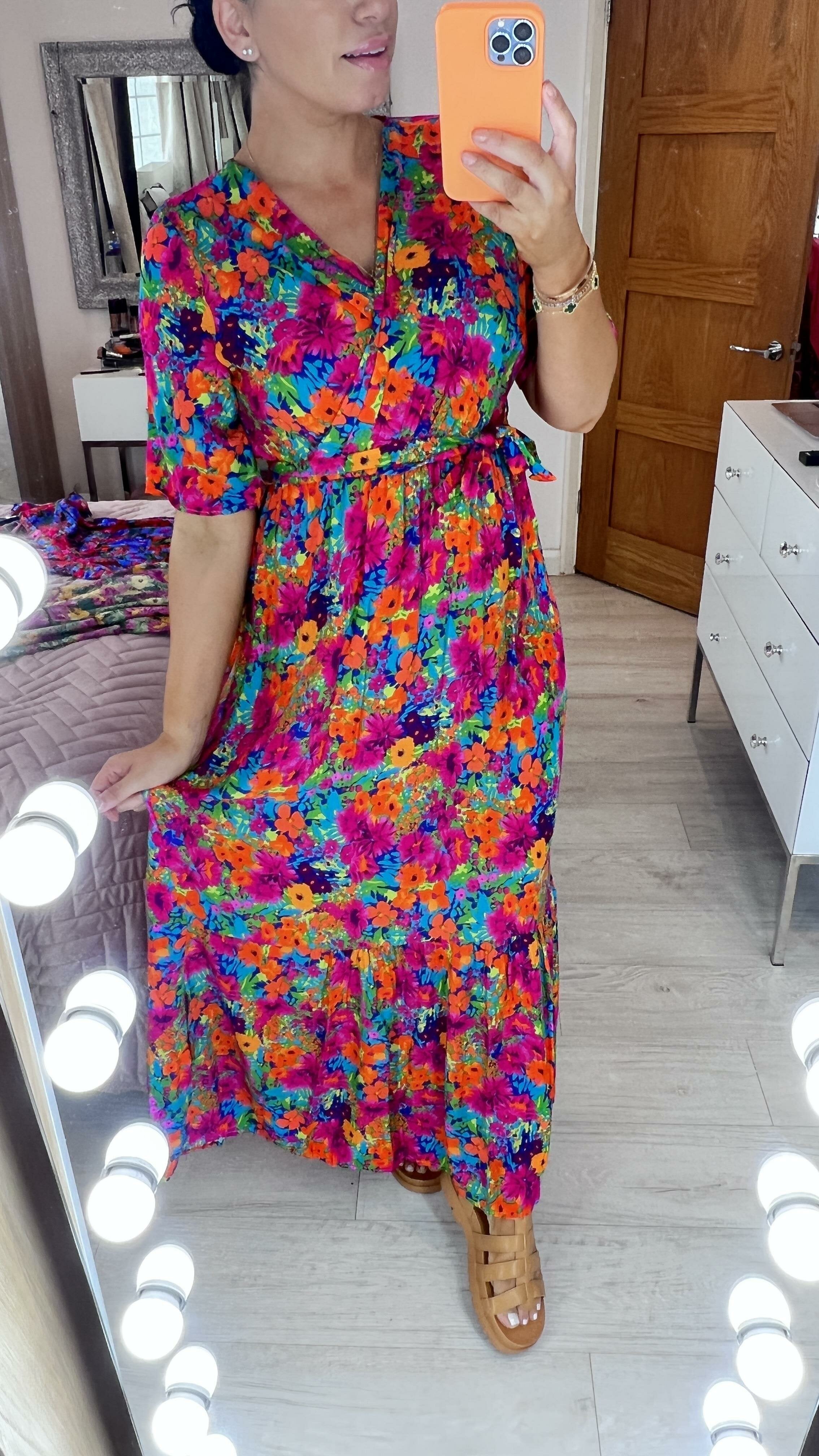 Devina Fuschia Floral Print Wrap Front Maxi Dress
