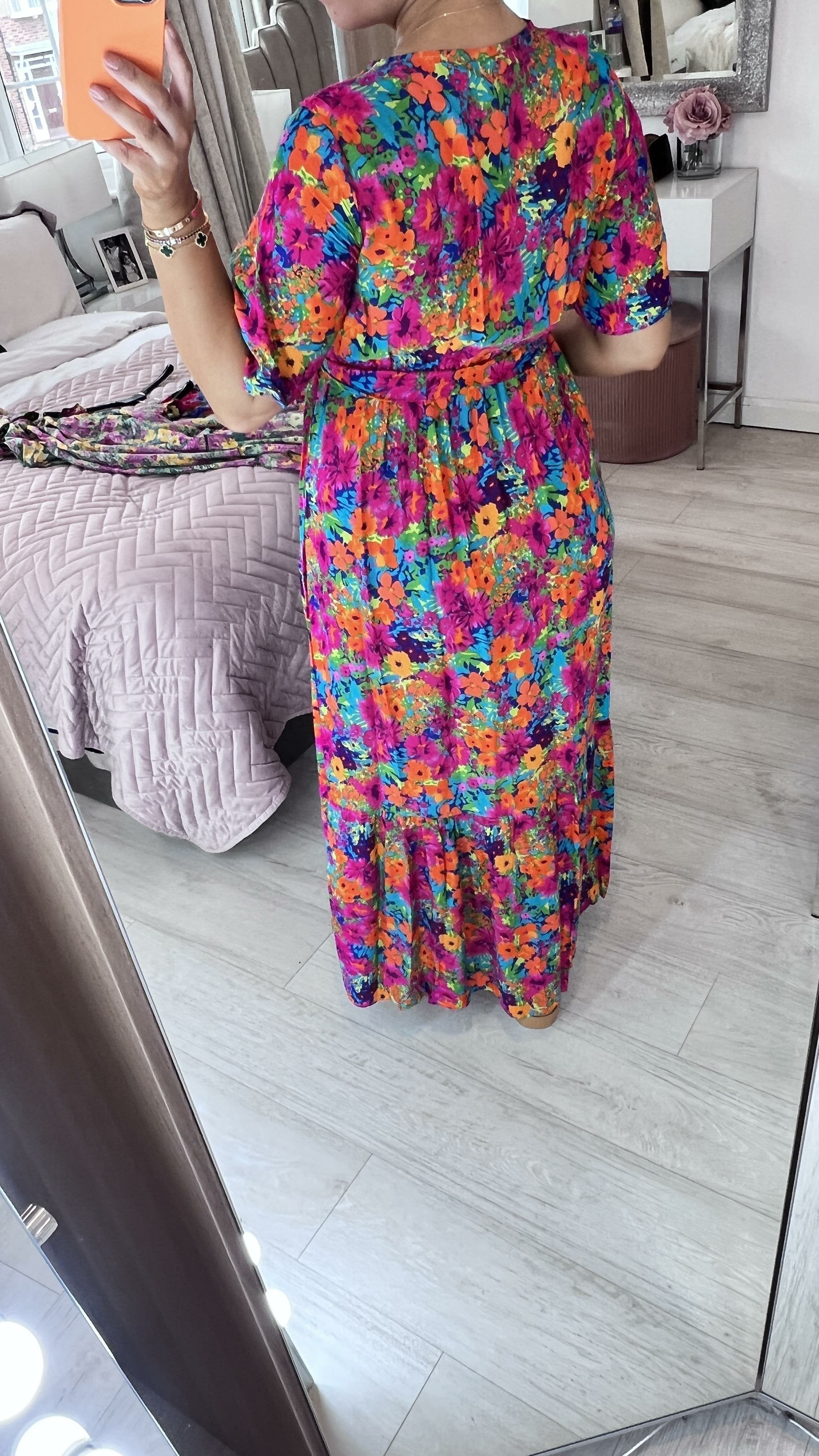 Devina Fuschia Floral Print Wrap Front Maxi Dress