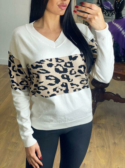 Aiden Leopard Panel V-neck Knitted Jumper