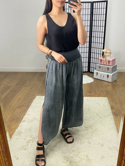 Jetter Cheesecloth Wide Leg Split Trousers