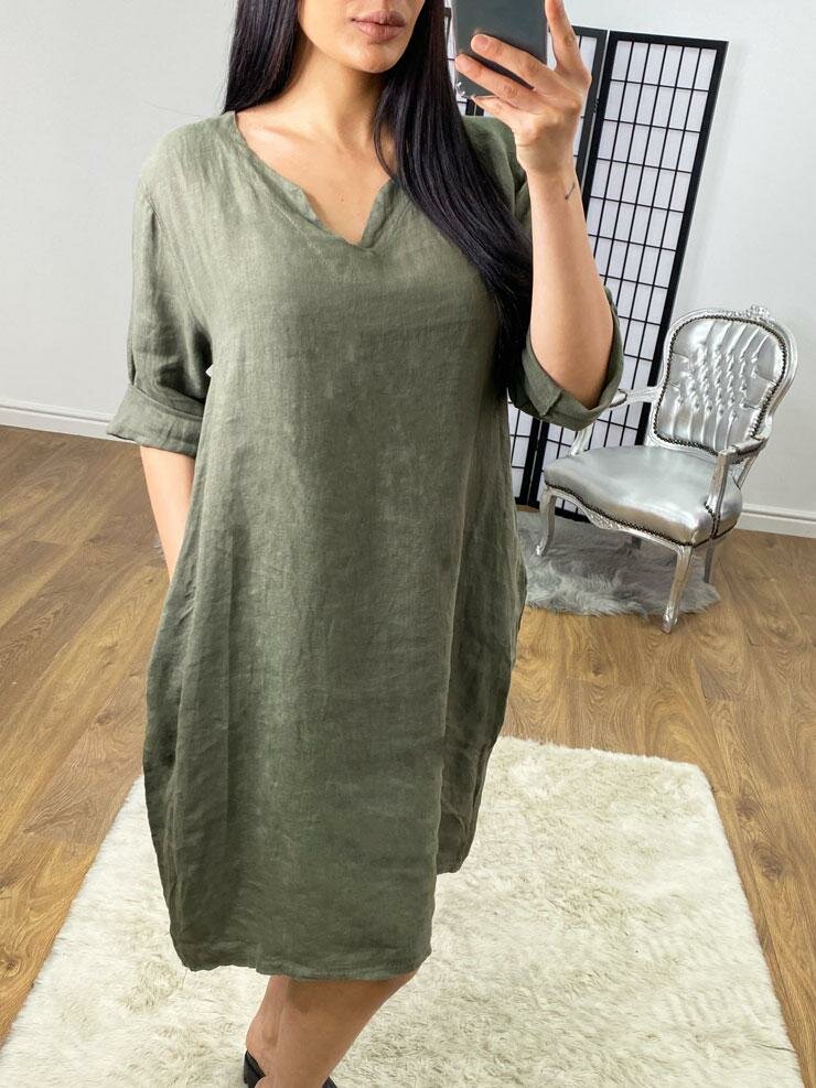 Dalina Plain Linen V-neck Loose Fit Dress
