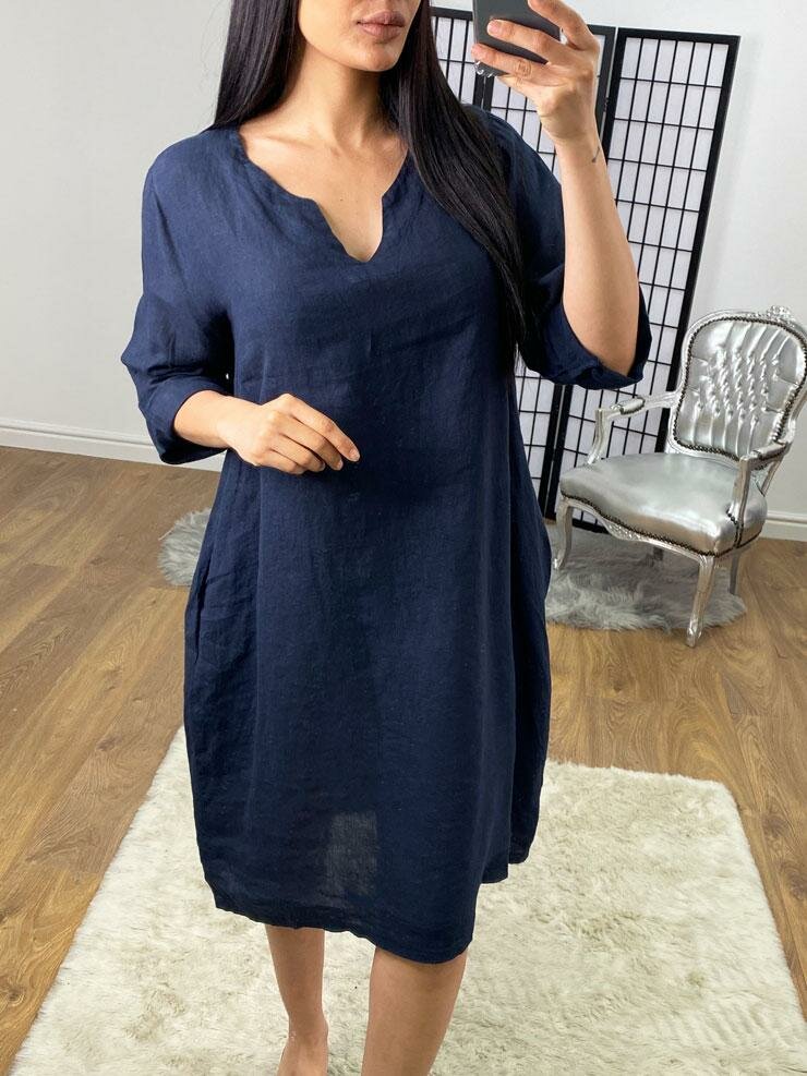 Dalina Plain Linen V-neck Loose Fit Dress