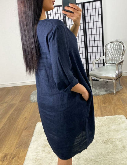 Dalina Plain Linen V-neck Loose Fit Dress