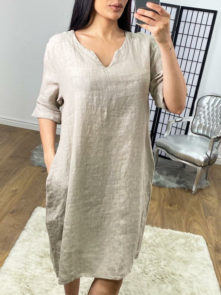 Dalina Plain Linen V-neck Loose Fit Dress