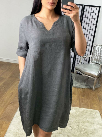 Dalina Plain Linen V-neck Loose Fit Dress