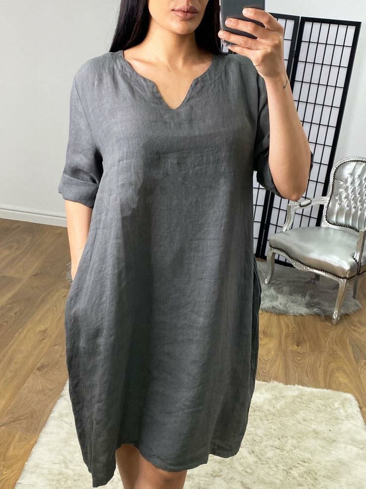 Dalina Plain Linen V-neck Loose Fit Dress