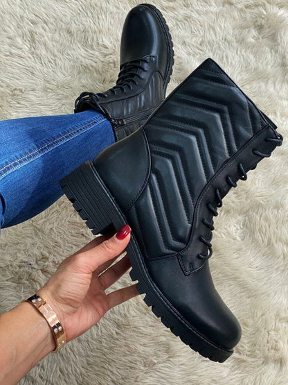 Beverly Black Faux Leather Padded Lace Up Biker Boots