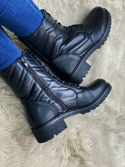 Beverly Black Faux Leather Padded Lace Up Biker Boots