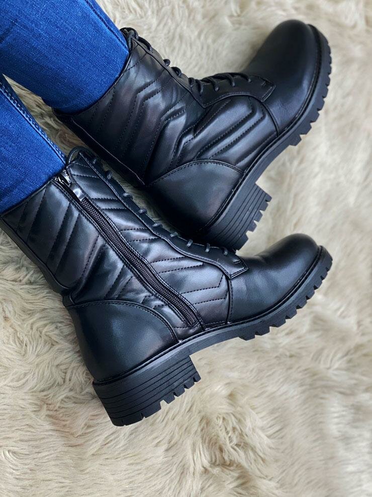 Beverly Black Faux Leather Padded Lace Up Biker Boots